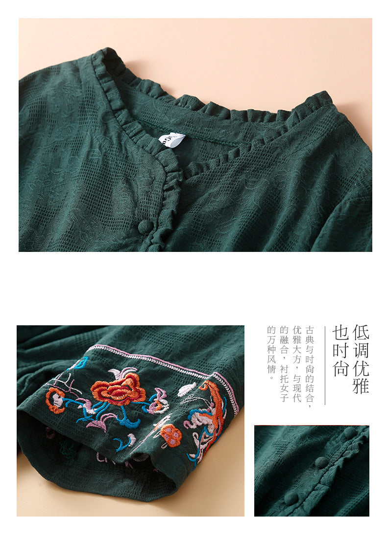Ethnic Style Cotton and Linen Embroidered Dress Women's 2023 Summer Long Loose Style Lace Collar Short-Sleeved Over-the-Knee Long Dress