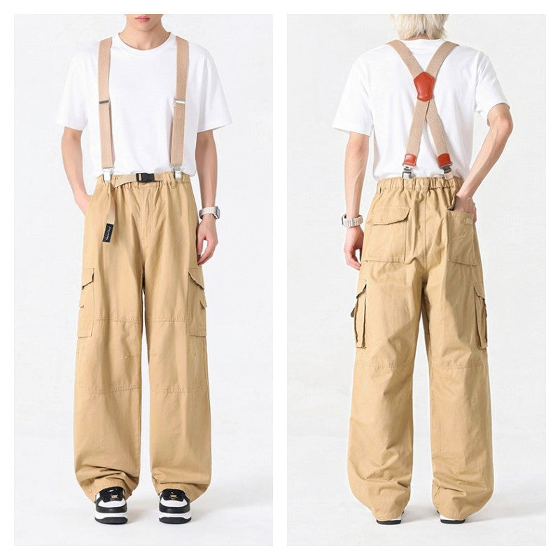 Spring and Autumn Men's Multi-Bag Pants for Chubby Casual Chubby Cotton Overalls with Fat plus size Wide Legs and Loose Waist Loose Long Pants