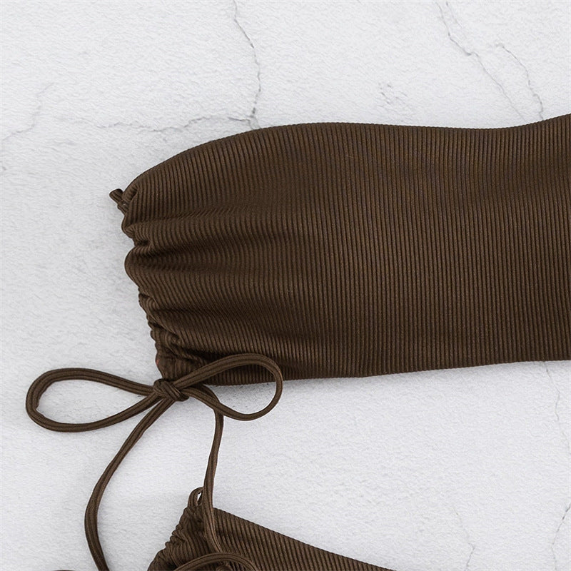 European and American Tube Top Bikini Swimsuit for Women 2024 New Pure Color Sexy Huludao Swimsuit Split Swimsuit High-End