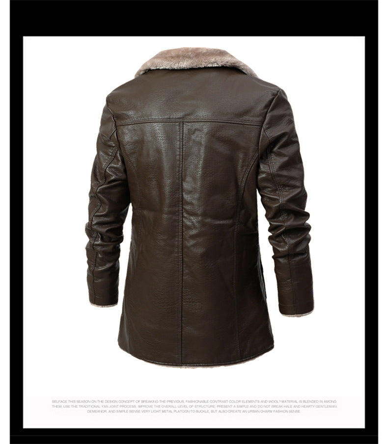 Men's Mid-Length Leather Jacket for Middle-Aged and Elderly People in Autumn and Winter Business European Size Plus Velvet Large Lapel Suit Leather Plush Jacket for Men