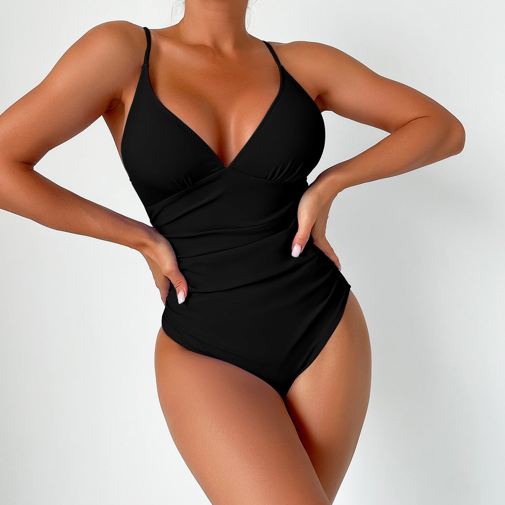 New European and American Solid Color Tight One-Piece Swimsuit Quick-Drying Resort Hot Spring Swimsuit Women's Swimsuit High-End Swimsuit