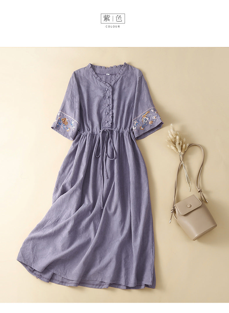 Ethnic Style Cotton and Linen Embroidered Dress Women's 2023 Summer Long Loose Style Lace Collar Short-Sleeved Over-the-Knee Long Dress