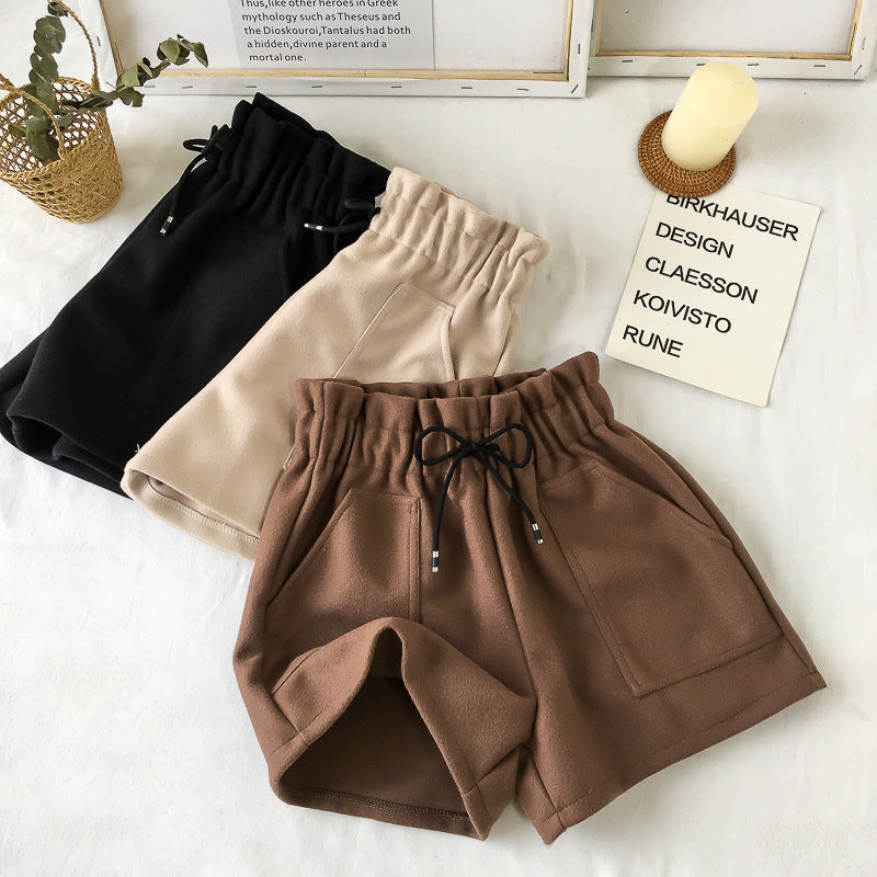 High Waist Woolen Shorts Autumn and Winter 2024 New Black Wide Leg Pants Slimming Spring Outwear Loose Casual Boots for Women