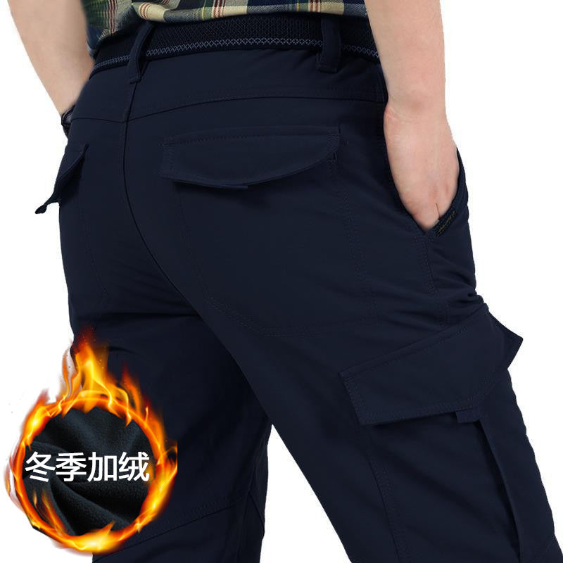 Quick-drying pants men's autumn and winter outdoor hiking pants fleece-lined multi-pocket overalls pants men's pants loose-fit plus size assault pants
