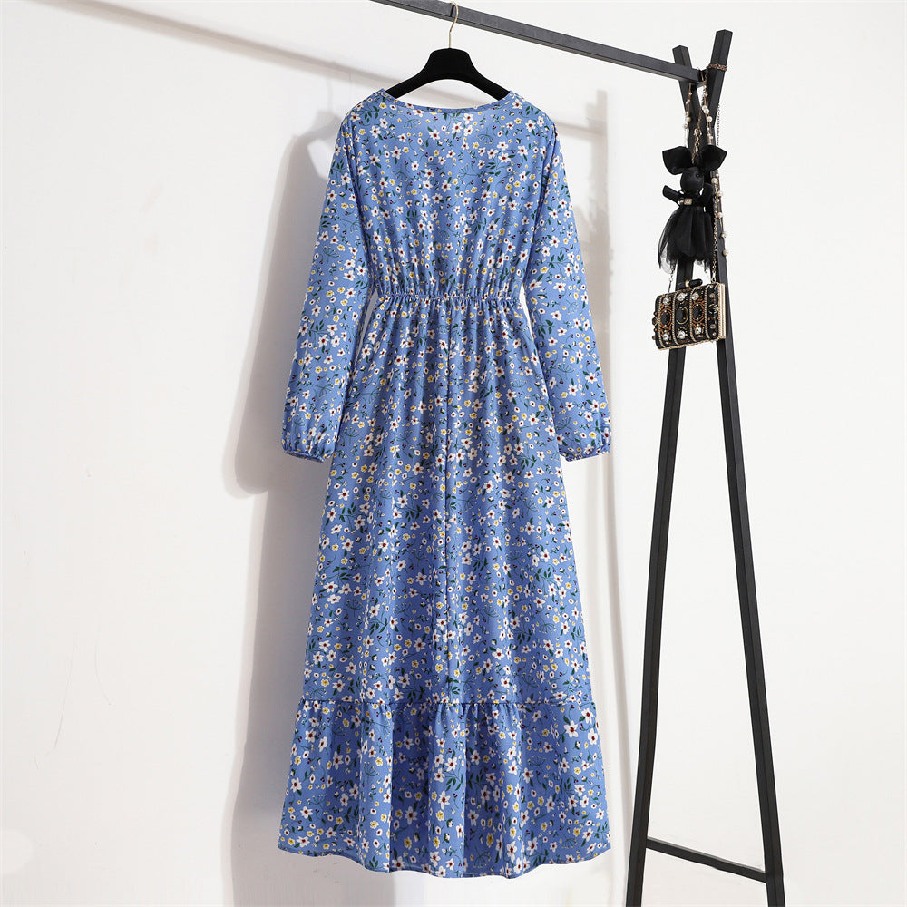 Cross-border Foreign Trade Floral Chiffon Long Dress Women's Spring Dress Long Sleeve Crewneck Base Skirt Waist Slim Long Dress