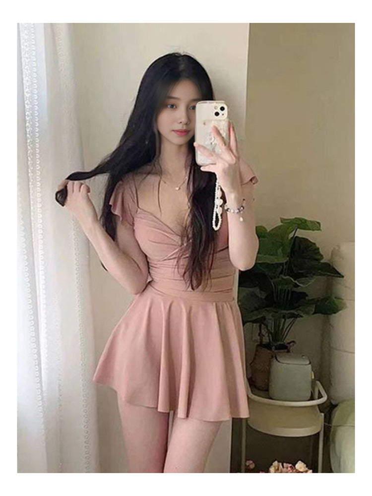 2024 New Pure Desire Style one-piece Triangle Bikini Skirt Swimsuit Girl Summer Gather to Cover Flesh Slim Hot Spring