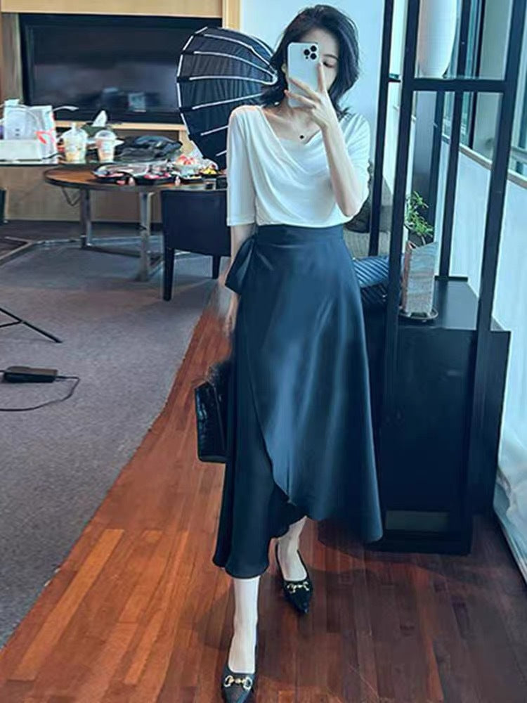 2024 Summer New Fashion Elegant All-match Slim Shoulder Half-sleeve T-shirt Draped Double Split Umbrella Skirt Two-piece Set
