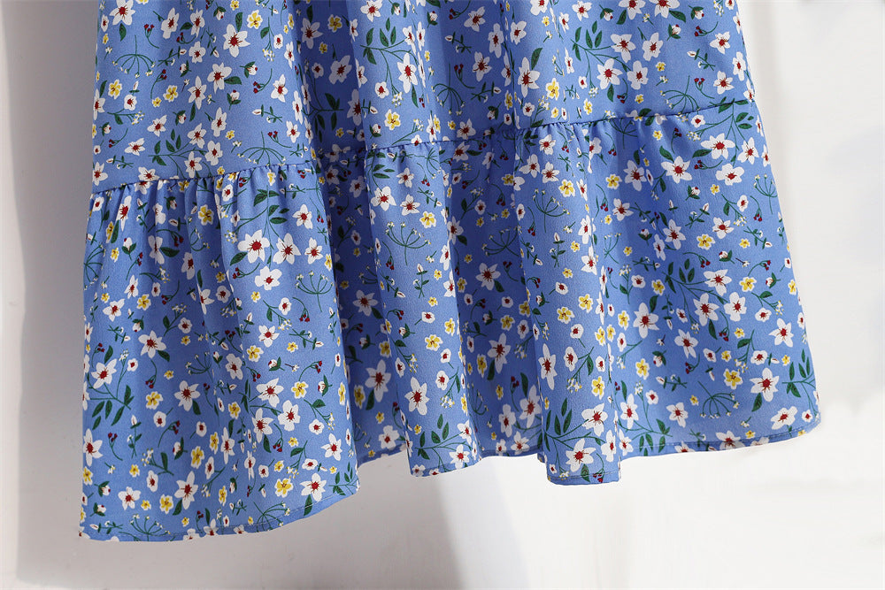Cross-border Foreign Trade Floral Chiffon Long Dress Women's Spring Dress Long Sleeve Crewneck Base Skirt Waist Slim Long Dress