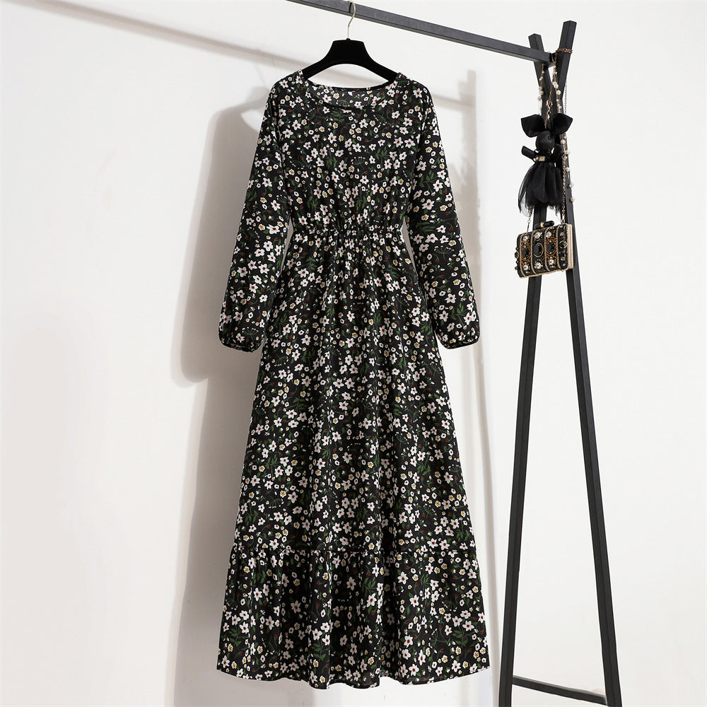 Cross-border Foreign Trade Floral Chiffon Long Dress Women's Spring Dress Long Sleeve Crewneck Base Skirt Waist Slim Long Dress