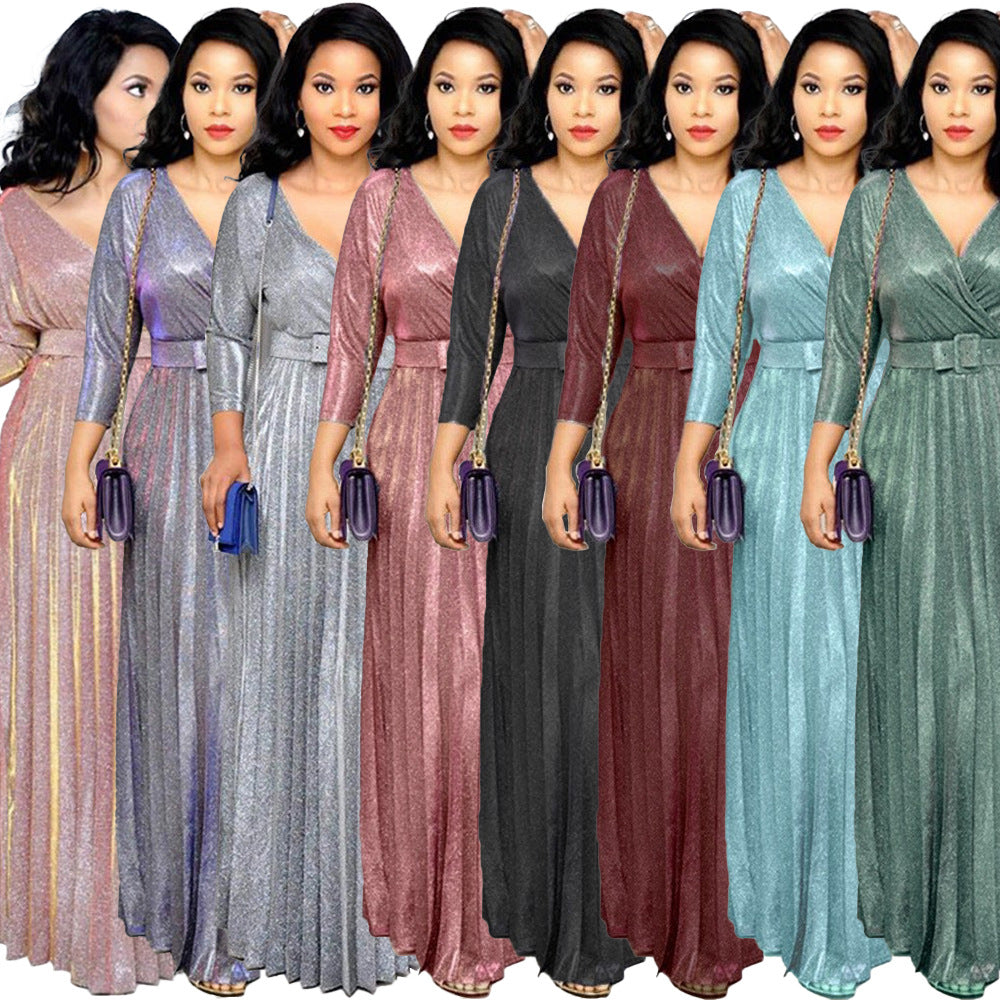 2025 Winter Cross-Border European and American African Women's Fashionable Long-Sleeved Bronzing Pleated Skirt with Belt Glitter Fabric