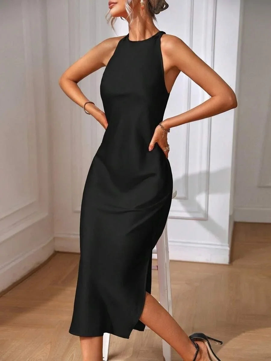 European and American Cross-Border Amazon Satin Dress Women's Spring and Summer Sleeveless Slit Satin Imitation Silk Long Skirt