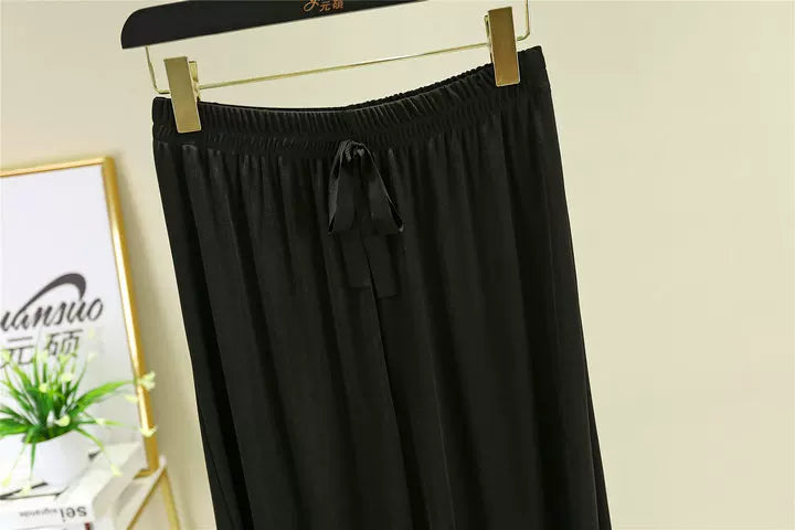 Korean style high waist drawstring lace-up ice silk seamless straight slimming wide-leg pants summer thin draping casual trousers
