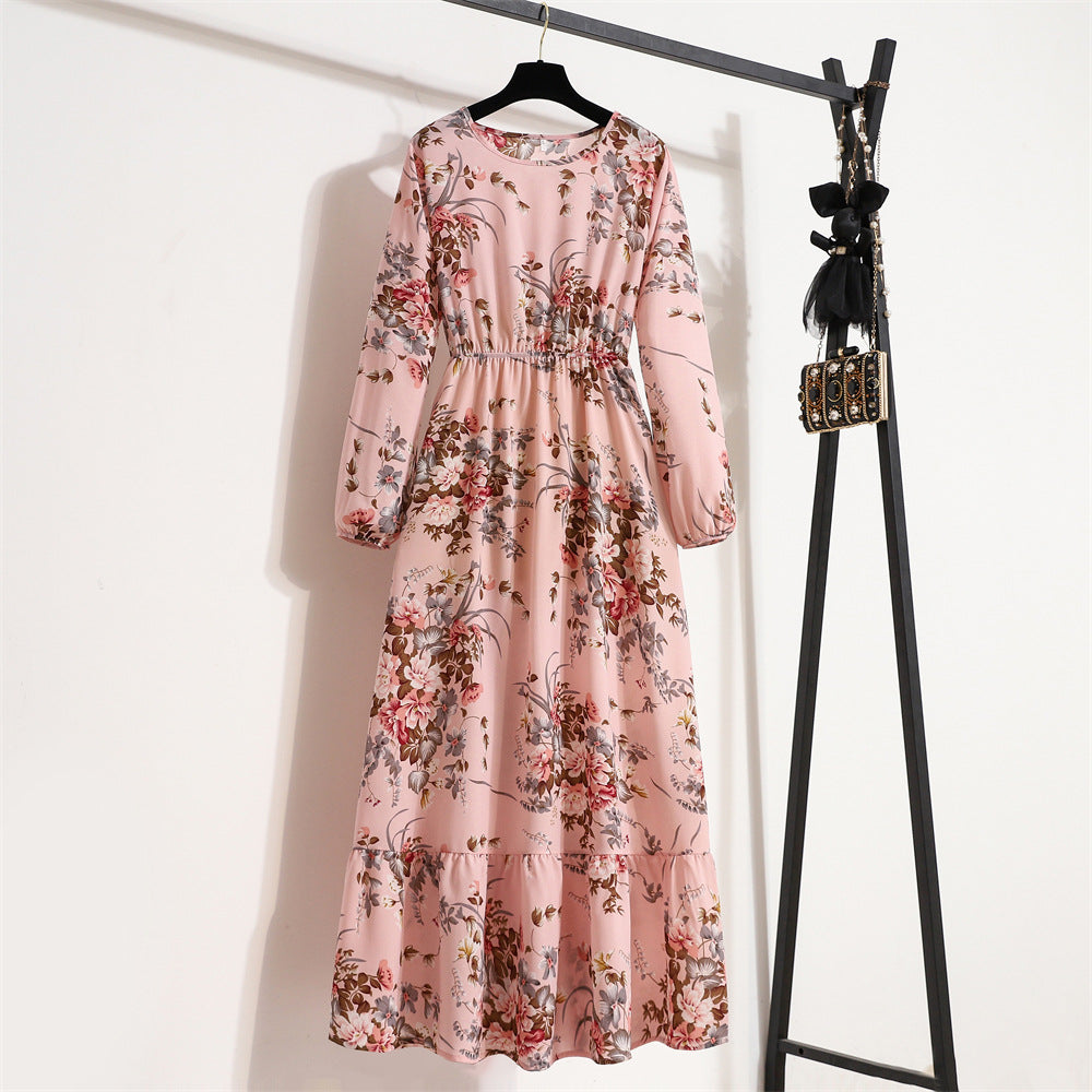 Cross-border Foreign Trade Floral Chiffon Long Dress Women's Spring Dress Long Sleeve Crewneck Base Skirt Waist Slim Long Dress