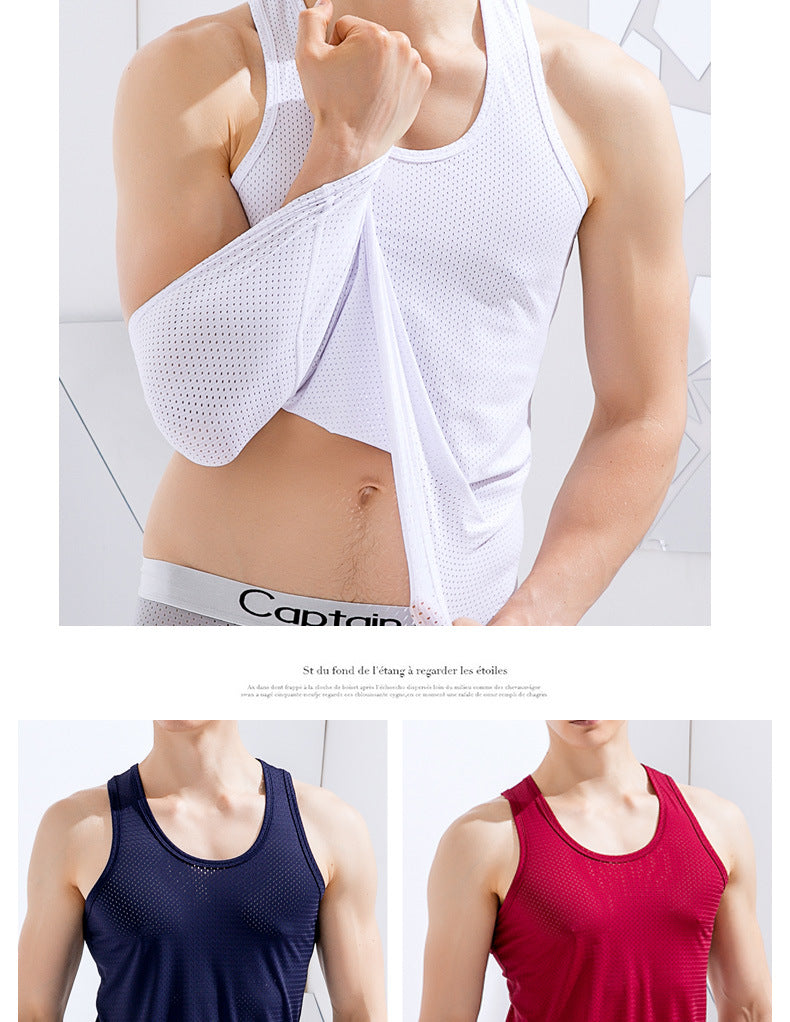 Summer ice silk mesh vest men's sports fitness quick-drying hollow undershirt wide shoulder waistcoat sleeveless T-shirt wholesale