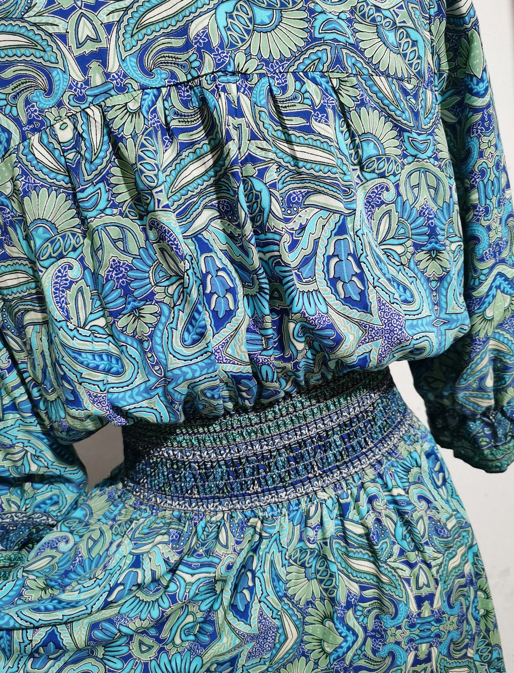 2025 Rayon Positioning Printed Three-Quarter Sleeve Waist Bohemian Women's Dress Vacation Buttoned Beach Skirt
