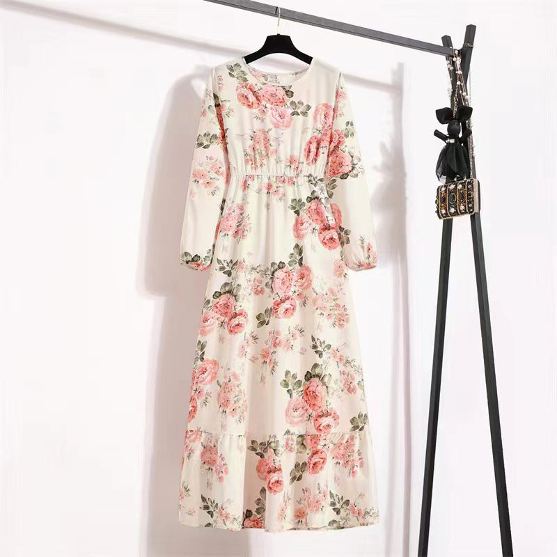 Cross-border Foreign Trade Floral Chiffon Long Dress Women's Spring Dress Long Sleeve Crewneck Base Skirt Waist Slim Long Dress