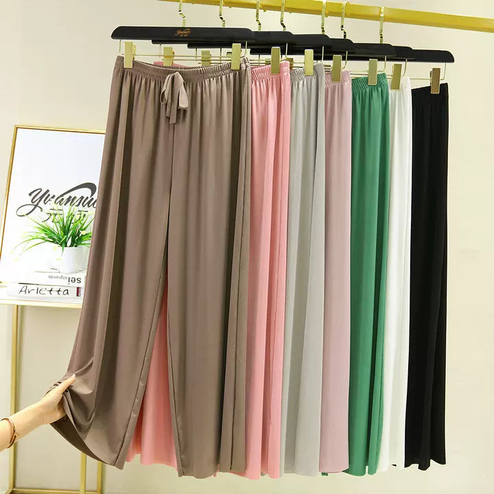 Korean style high waist drawstring lace-up ice silk seamless straight slimming wide-leg pants summer thin draping casual trousers