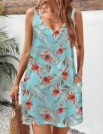 2024 summer casual vest V-neck loose dress with pockets summer bohemian beach dress floral T-shirt with pockets