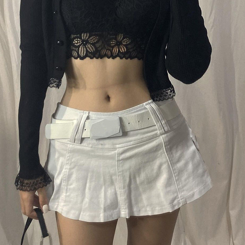 AltGoth Harajuku Y2k Denim Skirt Women Dark Gothic Streetwear Mini Skirt with Skull Belt Mall Goth Punk Grunge Sexy Emo Clubwear