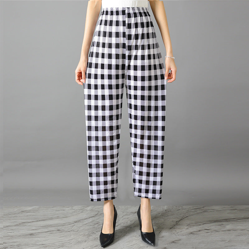 Cross-Border Popular Summer Women's Ice Silk Pants for Middle-Aged and Elderly, Loose Casual Home Pants, Elastic Plus-Size Pants for Square Dancing