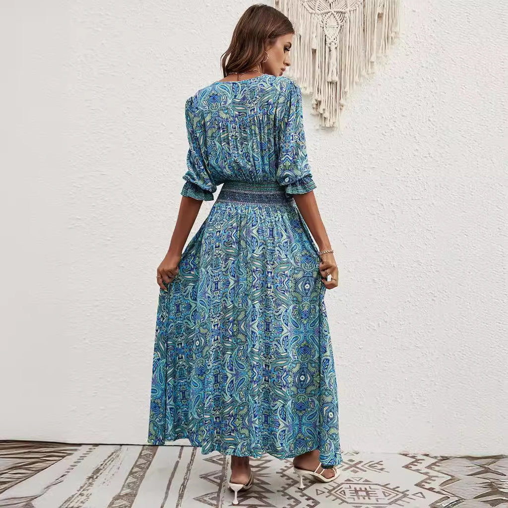 2025 Rayon Positioning Printed Three-Quarter Sleeve Waist Bohemian Women's Dress Vacation Buttoned Beach Skirt