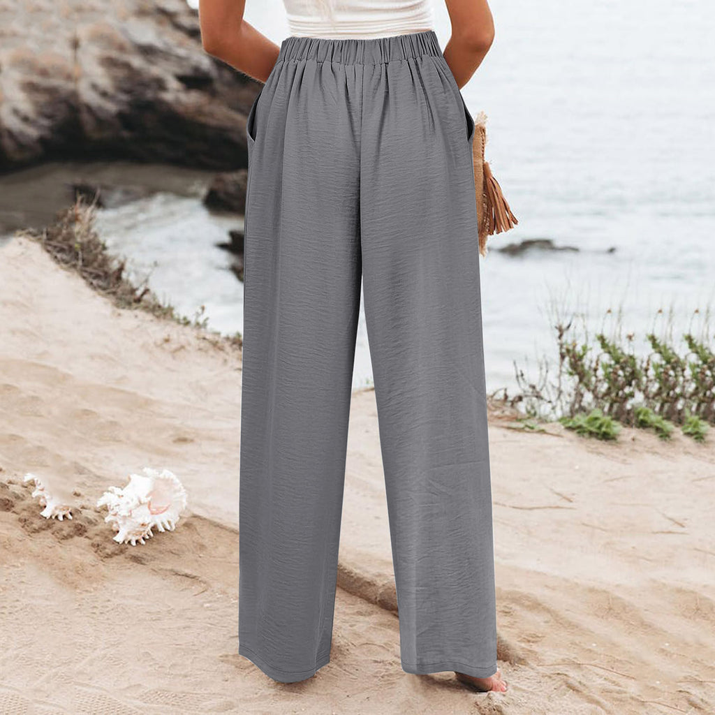 2026 Cross-Border Amazon European and American Summer Comfortable High-Waisted Long Pants with Buttons and Elastic Waist Wide-Leg Pants for Women Casual Straight-Leg Pants