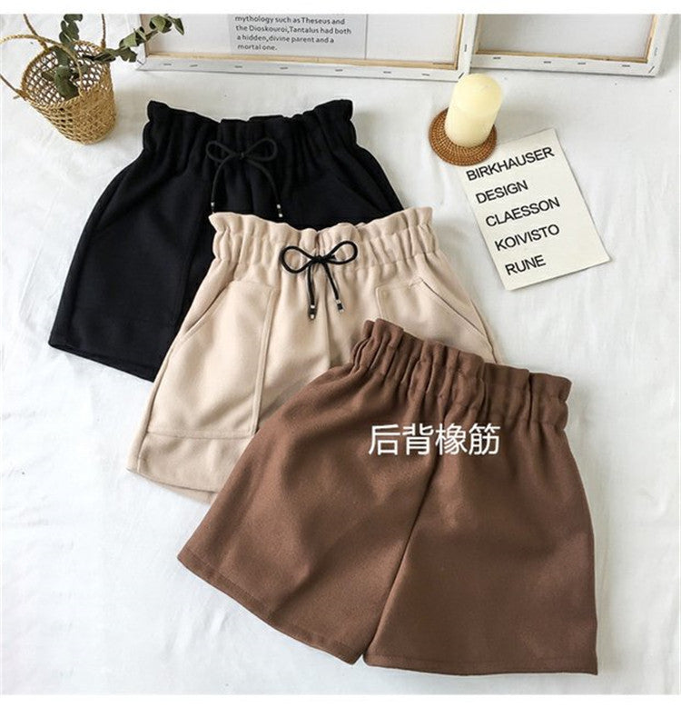 High Waist Woolen Shorts Autumn and Winter 2024 New Black Wide Leg Pants Slimming Spring Outwear Loose Casual Boots for Women