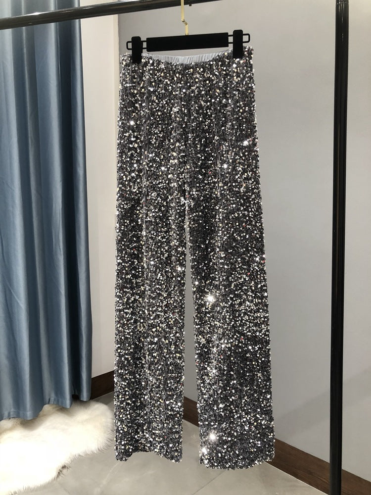 Autumn and Winter Thickened Korean Velvet Sequin Wide Leg Pants Large Long Leg Dipped plus size Floor Pants Shiny Lined Straight Leg Pants for Women