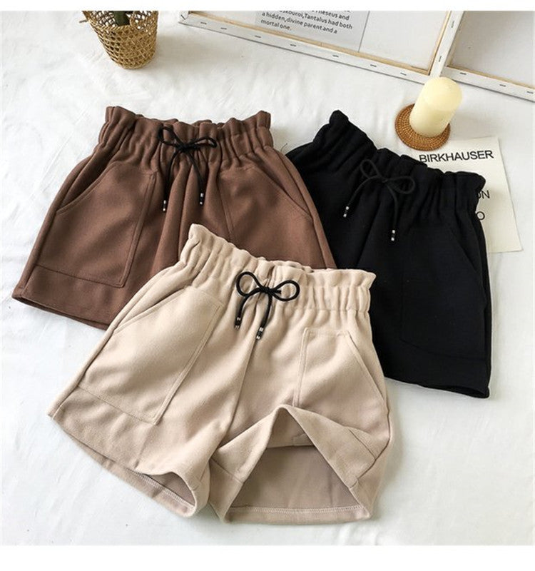High Waist Woolen Shorts Autumn and Winter 2024 New Black Wide Leg Pants Slimming Spring Outwear Loose Casual Boots for Women