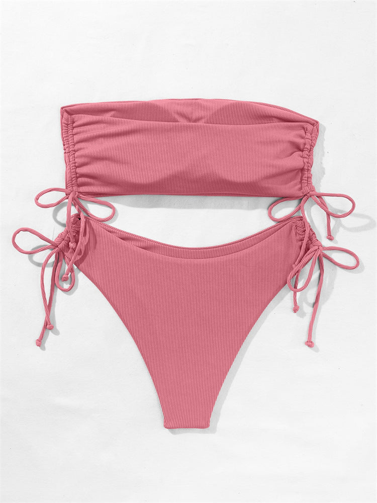 European and American Tube Top Bikini Swimsuit for Women 2024 New Pure Color Sexy Huludao Swimsuit Split Swimsuit High-End