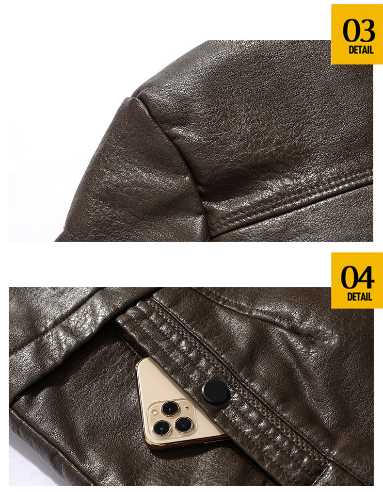 Men's Mid-Length Leather Jacket for Middle-Aged and Elderly People in Autumn and Winter Business European Size Plus Velvet Large Lapel Suit Leather Plush Jacket for Men