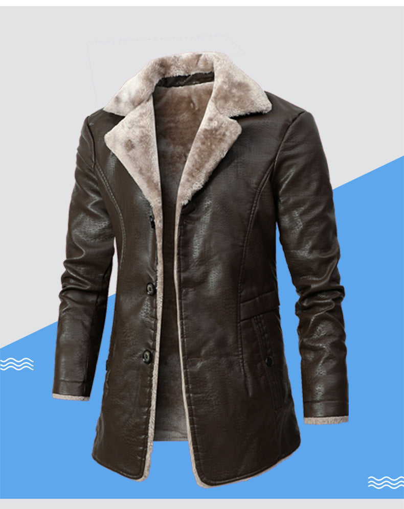 Men's Mid-Length Leather Jacket for Middle-Aged and Elderly People in Autumn and Winter Business European Size Plus Velvet Large Lapel Suit Leather Plush Jacket for Men