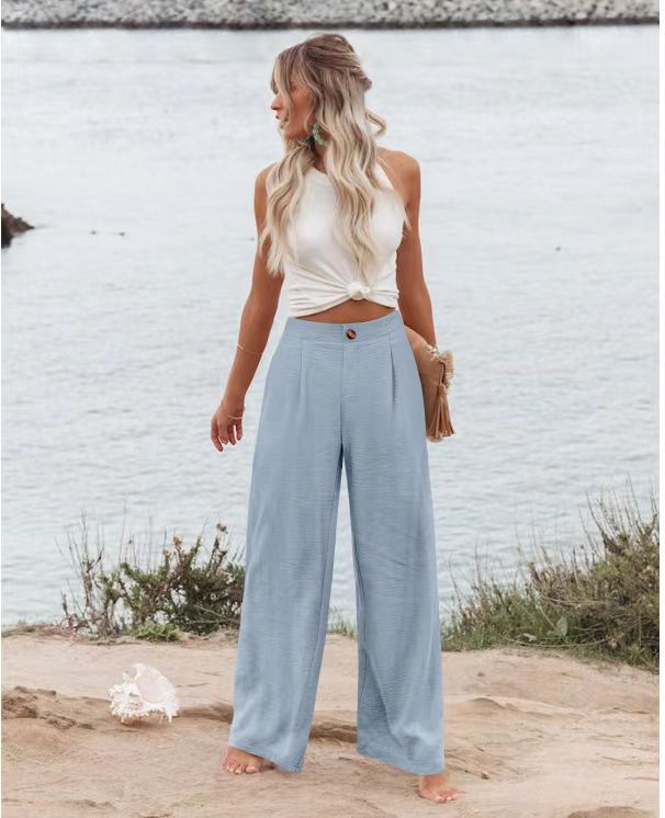 2026 Cross-Border Amazon European and American Summer Comfortable High-Waisted Long Pants with Buttons and Elastic Waist Wide-Leg Pants for Women Casual Straight-Leg Pants