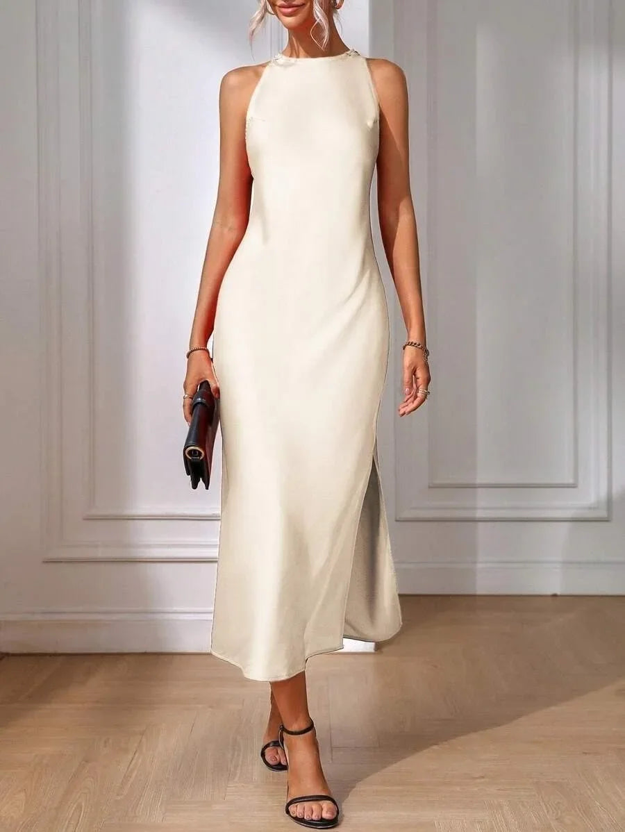 European and American Cross-Border Amazon Satin Dress Women's Spring and Summer Sleeveless Slit Satin Imitation Silk Long Skirt