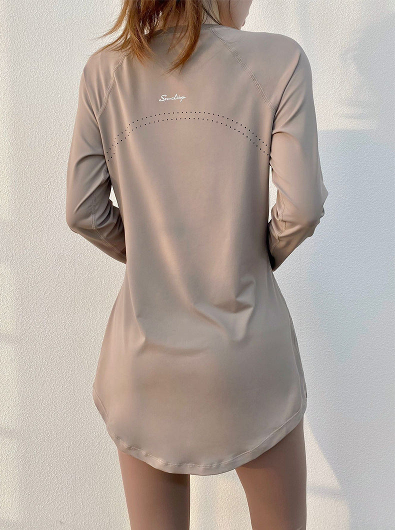 Spring and Summer Long Hip Covering Slimming Style Beautiful Back Breathable Yoga Suit Long Sleeve Running Fitness Sportswear T-shirt for Women