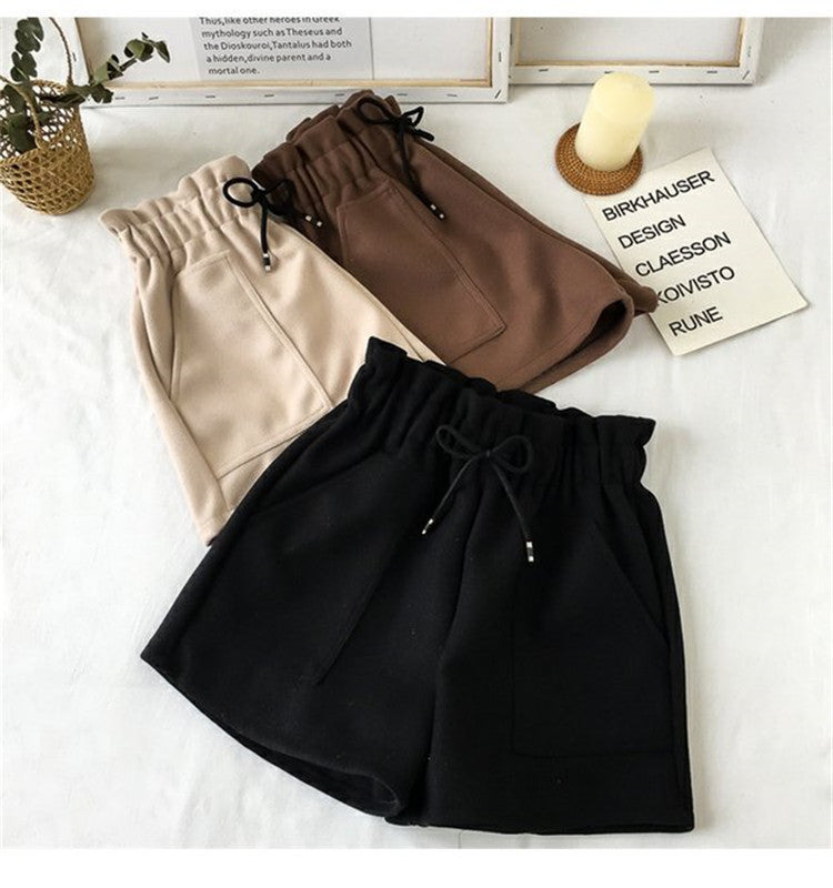 High Waist Woolen Shorts Autumn and Winter 2024 New Black Wide Leg Pants Slimming Spring Outwear Loose Casual Boots for Women