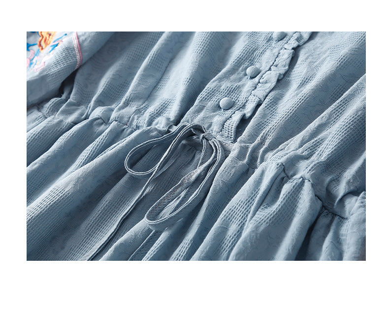 Ethnic Style Cotton and Linen Embroidered Dress Women's 2023 Summer Long Loose Style Lace Collar Short-Sleeved Over-the-Knee Long Dress