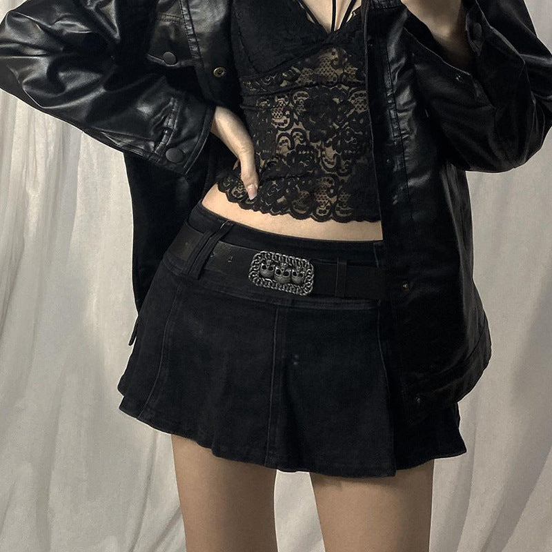 AltGoth Harajuku Y2k Denim Skirt Women Dark Gothic Streetwear Mini Skirt with Skull Belt Mall Goth Punk Grunge Sexy Emo Clubwear