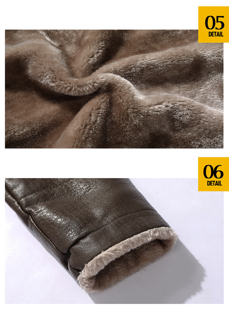 Men's Mid-Length Leather Jacket for Middle-Aged and Elderly People in Autumn and Winter Business European Size Plus Velvet Large Lapel Suit Leather Plush Jacket for Men