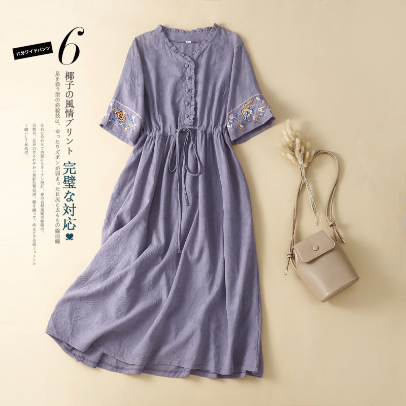 Ethnic Style Cotton and Linen Embroidered Dress Women's 2023 Summer Long Loose Style Lace Collar Short-Sleeved Over-the-Knee Long Dress