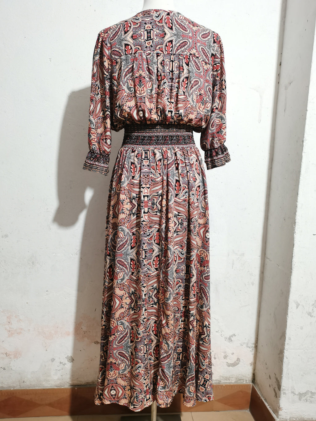 2025 Rayon Positioning Printed Three-Quarter Sleeve Waist Bohemian Women's Dress Vacation Buttoned Beach Skirt