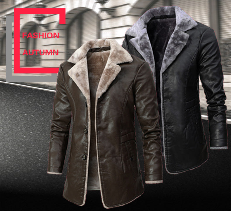 Men's Mid-Length Leather Jacket for Middle-Aged and Elderly People in Autumn and Winter Business European Size Plus Velvet Large Lapel Suit Leather Plush Jacket for Men