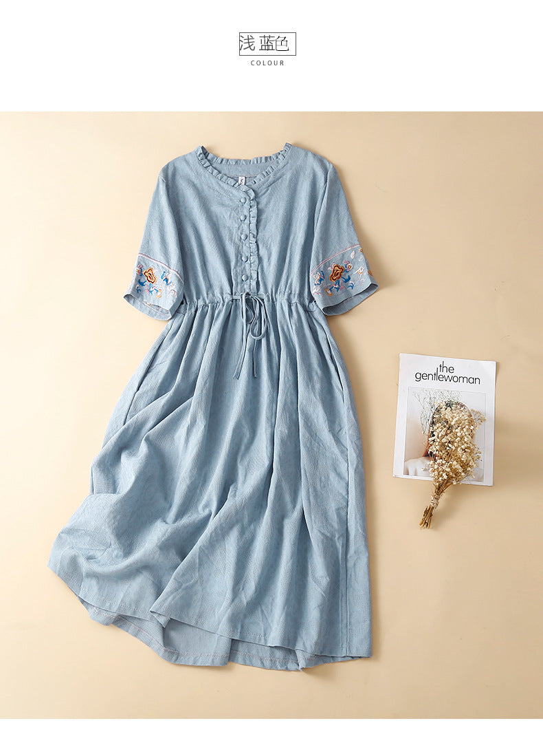 Ethnic Style Cotton and Linen Embroidered Dress Women's 2023 Summer Long Loose Style Lace Collar Short-Sleeved Over-the-Knee Long Dress