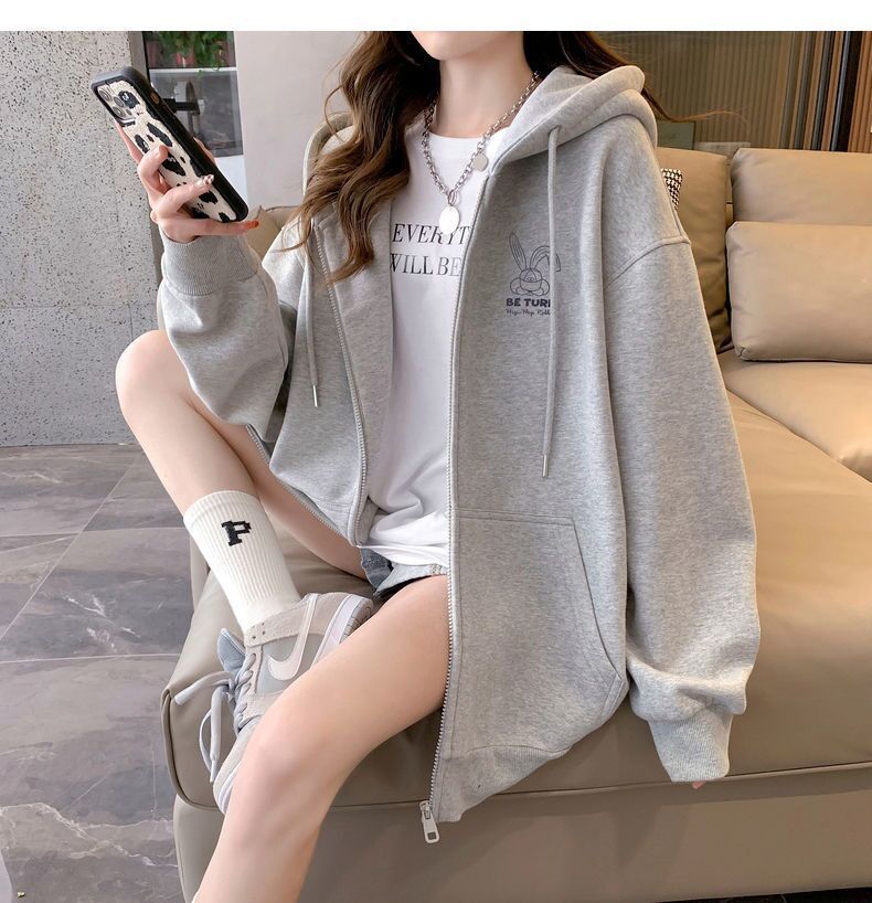 Embroidered Pattern Hooded Sweatshirt Girls' Cardigan Jacket 2026 Spring, Autumn and Winter New Style Lazy Style Loose Long-Sleeved Top