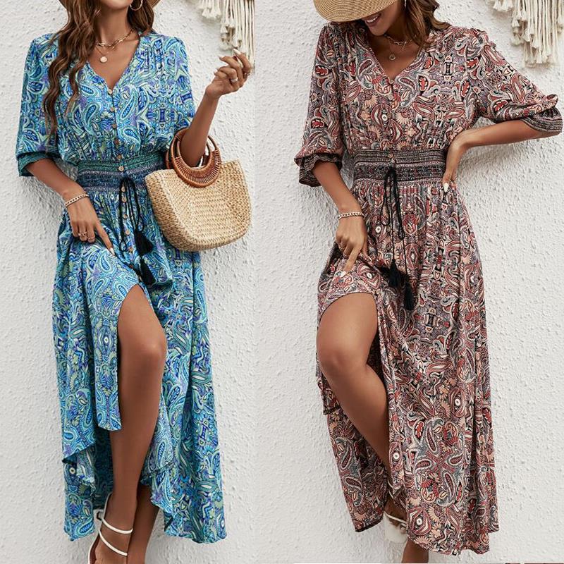 2025 Rayon Positioning Printed Three-Quarter Sleeve Waist Bohemian Women's Dress Vacation Buttoned Beach Skirt