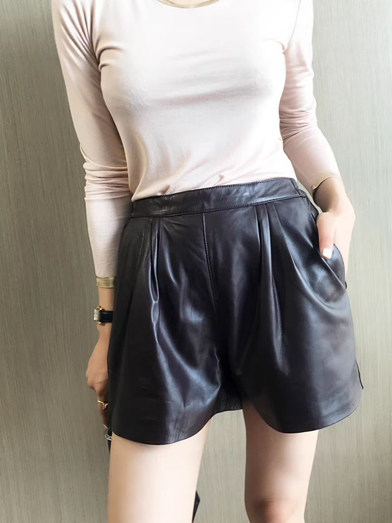 Cool Lambskin Straight-Leg Shorts in Dark Burgundy Sheepskin with Semi-Elastic Waist, Pleated Pockets, Casual Genuine Sheepskin Boot Shorts