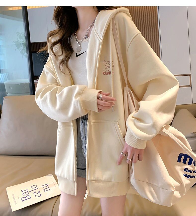 Embroidered Pattern Hooded Sweatshirt Girls' Cardigan Jacket 2026 Spring, Autumn and Winter New Style Lazy Style Loose Long-Sleeved Top