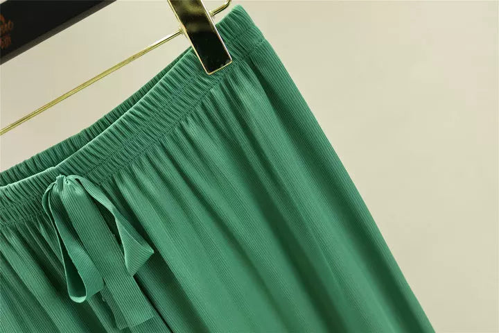 Korean style high waist drawstring lace-up ice silk seamless straight slimming wide-leg pants summer thin draping casual trousers
