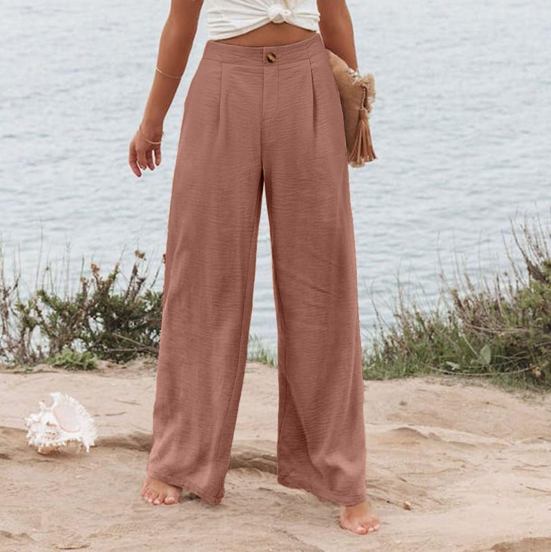 2026 Cross-Border Amazon European and American Summer Comfortable High-Waisted Long Pants with Buttons and Elastic Waist Wide-Leg Pants for Women Casual Straight-Leg Pants