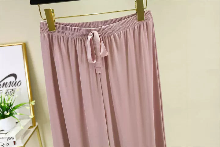 Korean style high waist drawstring lace-up ice silk seamless straight slimming wide-leg pants summer thin draping casual trousers